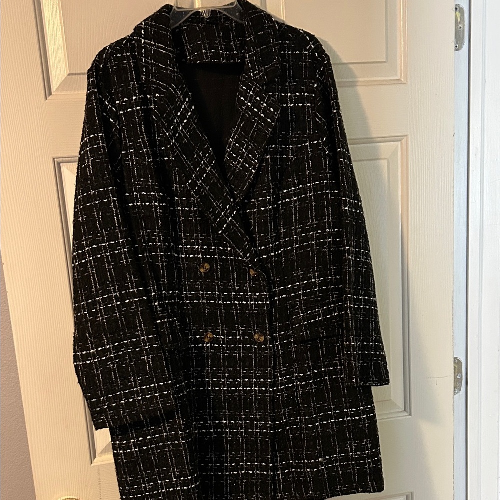 Women's Black and White Plaid Coat